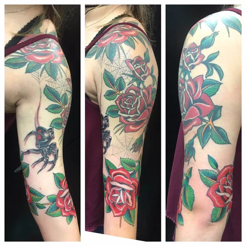 Multi-panel view of a color upper-arm half sleeve with red roses, a spiderweb, and a small black spider