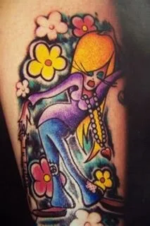 Cartoon-style figure in a purple top and blue pants surrounded by yellow and pink flowers on the lower leg